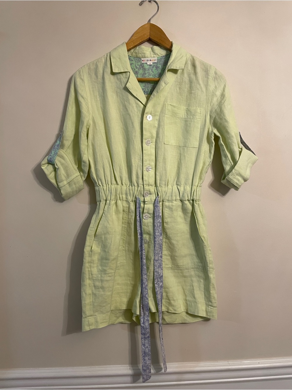 Roller Rabbit 100% Linen Green Utility Romper Size XS Long Sleeve Belted